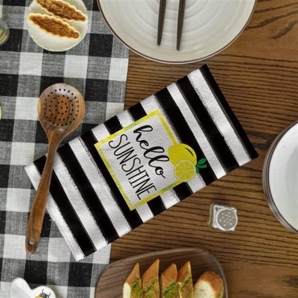 Set of 2 Watercolor Stripes Lemon Kitchen Dish Towels Squeeze The Day 18 x 26 in - Picture 3 of 7